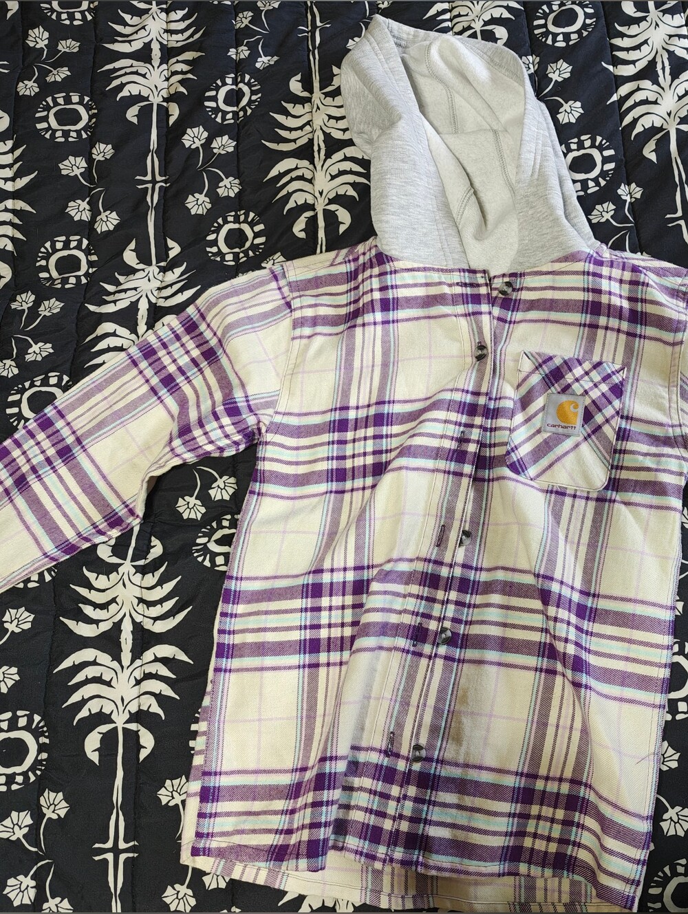 Carhartt Girls Purple and White Plaid Hooded Flannel Shirt